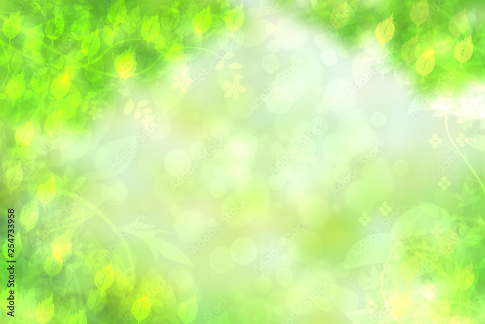 Abstract natural spring light green and yellow background texture with leaves and branches. Space for design.