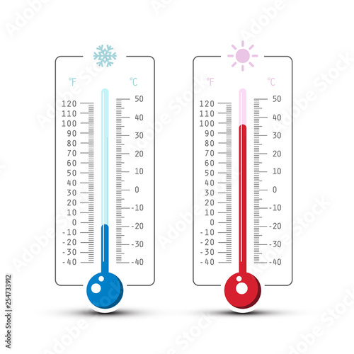 Hot and Cold Thermometer Icons. Vector Temperature Symbols Set.