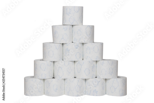 Toilet paper rolls isolated. Close-up of a pyramid made from toilet paper rolls isolated on a white background. Hygiene and intimate care. Sanitary and toiletries.