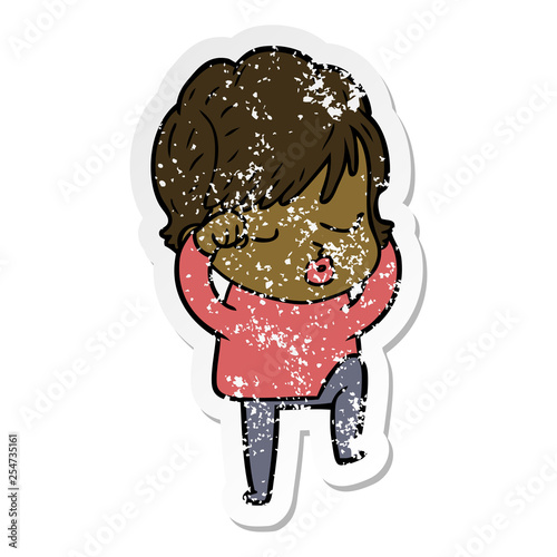 distressed sticker of a cartoon woman with eyes shut