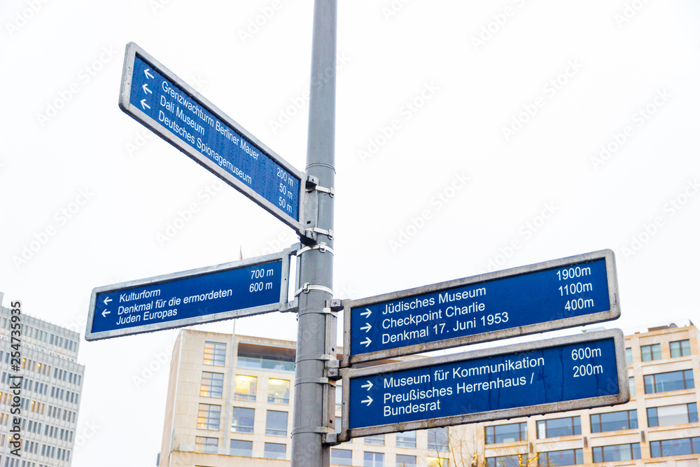 Berlin, Germany. Street signs in Leipziger Platz in a winter day Berlin, Germany. Street signs in Leipziger Platz in a winter day