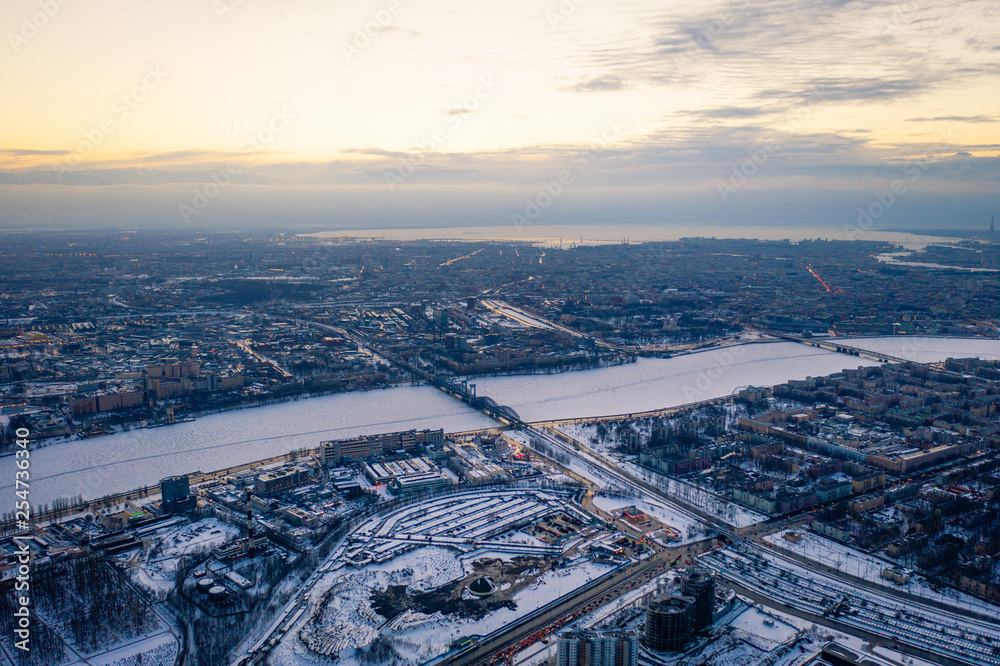 Aerial drone photo of last minutes of sanset at Saint Petersburg with the over it's world renown bridges. 