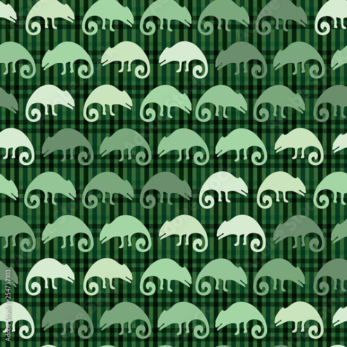 Chameleon lizard seamless pattern. Green reptile repeatable tile vector illustration. Pet store, zoo camouflage graphic design wallpaper. Hand drawn exotic subtropical animal silhouette background. 