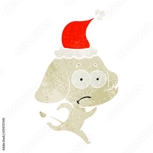 retro cartoon of a unsure elephant running away wearing santa hat