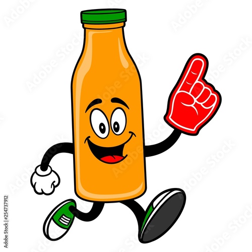 Orange Juice Mascot running with a Foam Hand - A vector cartoon illustration of a Orange Juice Mascot running with a Foam Hand.