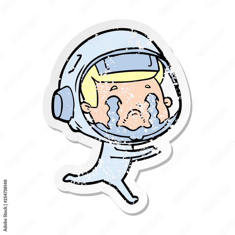 distressed sticker of a cartoon crying astronaut distressed sticker of a cartoon crying astronaut