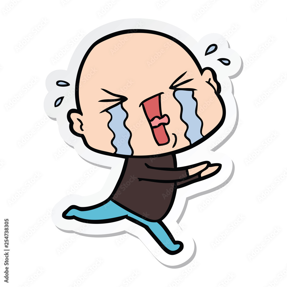 sticker of a cartoon crying bald man sticker of a cartoon crying bald man