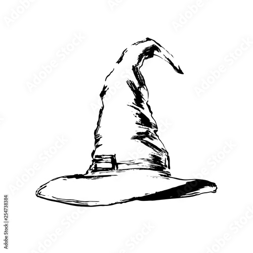 Hand drawn wizard or witch hat sketch illustration. Vector black ink drawing isolated on white background. Grunge style