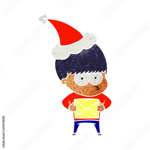 nervous retro cartoon of a boy wearing santa hat