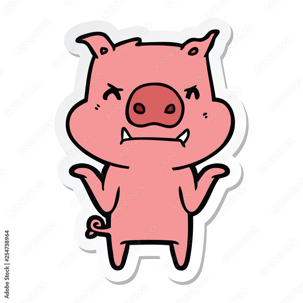 sticker of a angry cartoon pig shrugging shoulders sticker of a angry cartoon pig shrugging shoulders