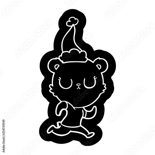 peaceful cartoon icon of a bear running wearing santa hat