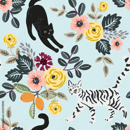 Cute cats and floral bouquets on the light blue background. Vector seamless pattern. Pets and flowers. Nature print. Digital illustration with animals  © ojardin