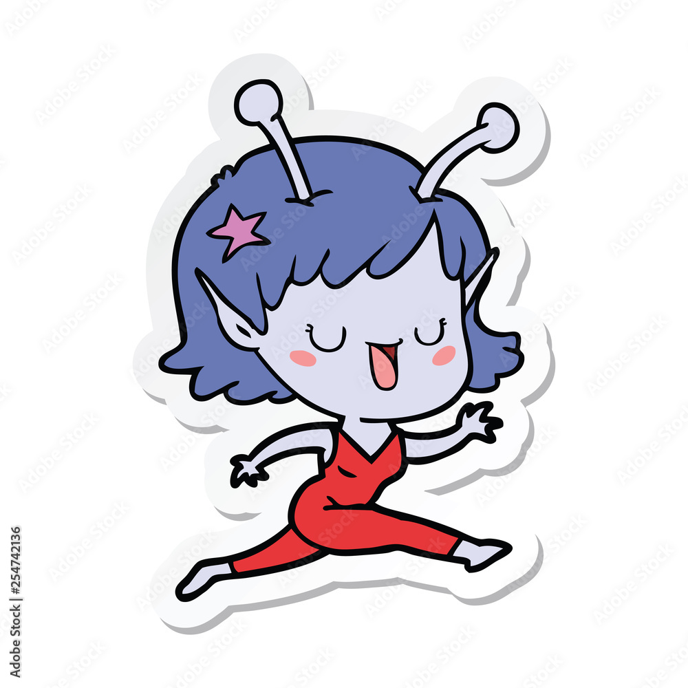 sticker of a happy alien girl cartoon laughing