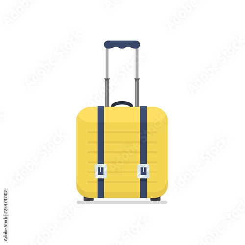 Icon luggage. Flat style yellow plastic suitcase. Business and family summer vacation luggage. Vector illustration