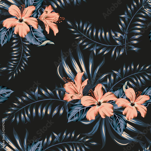 Tropical night with pink hibiscus flowers, palm leaves, black background. Vector seamless pattern. Jungle illustration. Exotic plants. Summer floral design. Paradise nature