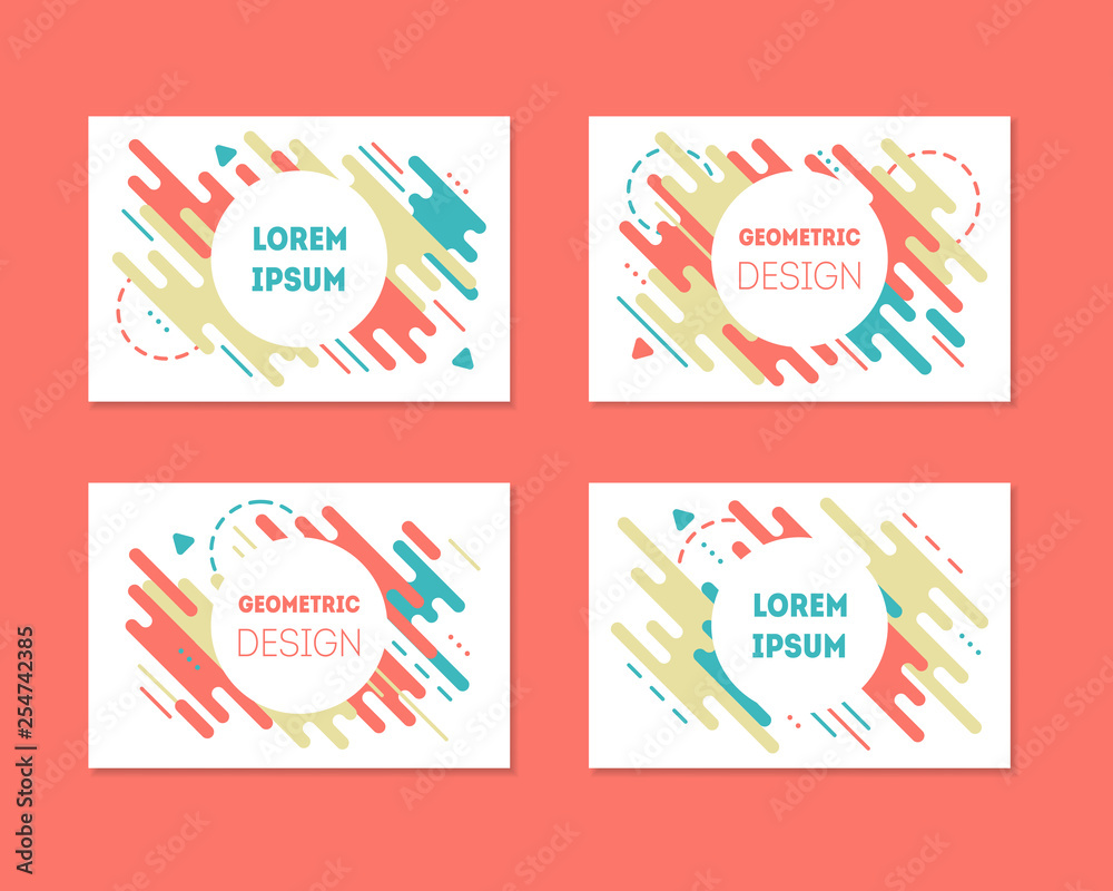 Set of colorful trendy cards with flat dynamic design. Bright geometric shapes in motion, Memphis frame.