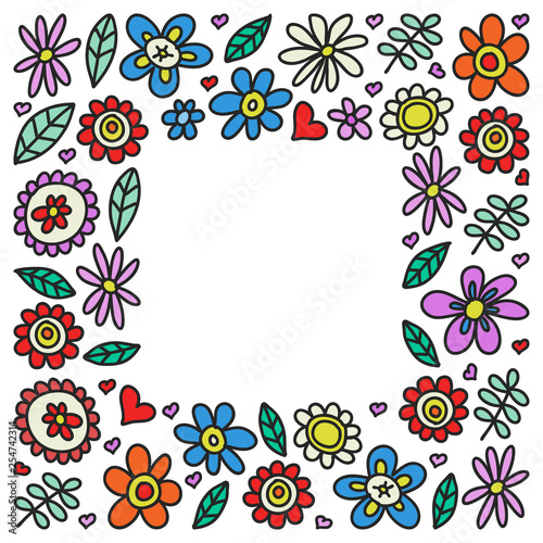 Vector set of child drawing flowers icons in doodle style. Painted, colorful, pictures on a piece of paper on white background.