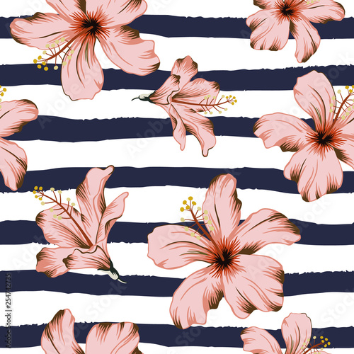 Tropical pink hibiscus flowers, striped background. Vector seamless pattern. Floral illustration. Exotic plants. Summer beach design. Paradise nature 