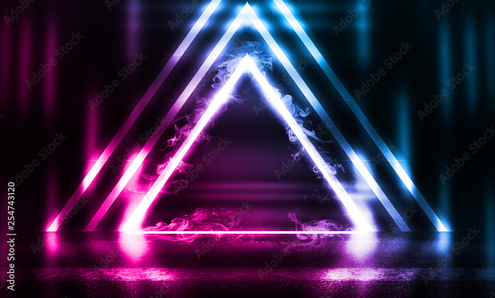 Neon triangle shape in smoke on a dark background. Background of empty ...