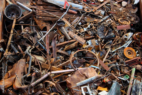Cuadro en lienzo Scrap metal in railway cars.. Scrap yard, metal rubbish stock.