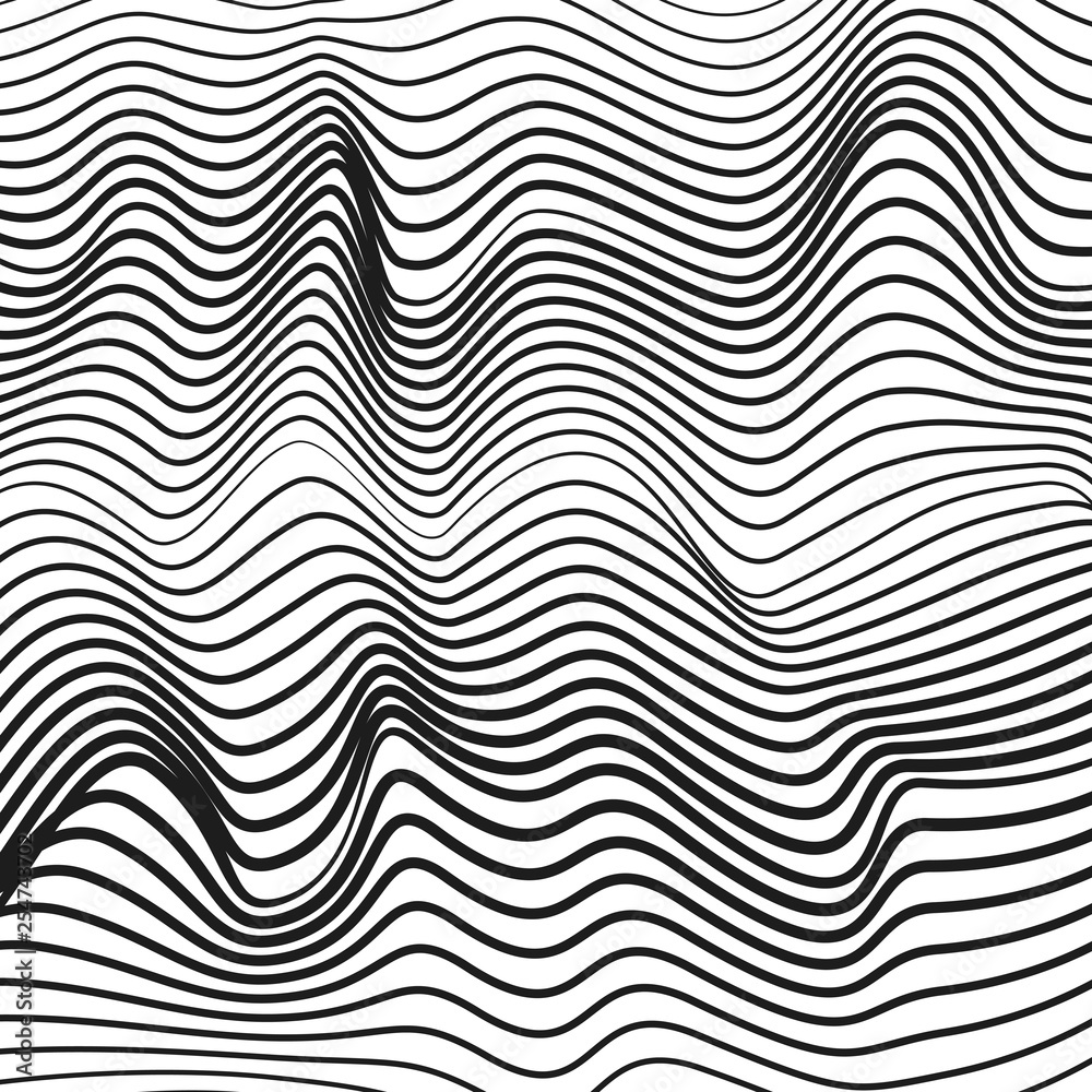 Rippled deformed surface. Abstract black and white background. Vector squiggle, subtle curves. Monochrome wave. Striped waving pattern. Technology line art design. Optical illusion. EPS10 illustration Rippled deformed surface. Abstract black and white background. Vector squiggle, subtle curves. Monochrome wave. Striped waving pattern. Technology line art design. Optical illusion. EPS10 illustration