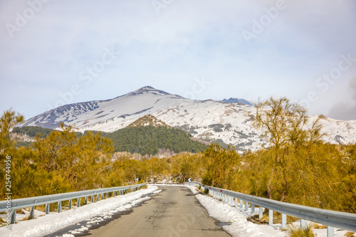 Принти на полотні Road to volcano and snow covered Etna Mount, Sicily, Italy