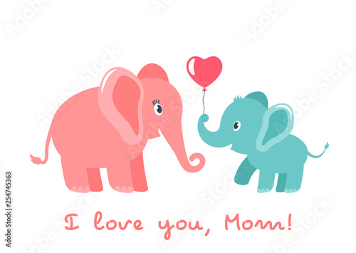 Cute funny baby elephant gives mother a heart. greeting card. Mother's Day holiday concept. flat vector illustration isolated