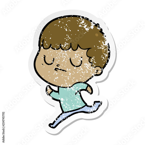 distressed sticker of a cartoon grumpy boy