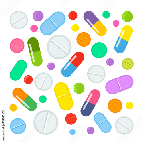 a large set of colorful tablets and various medical capsules of drugs. flat vector illustration isolated on white background.