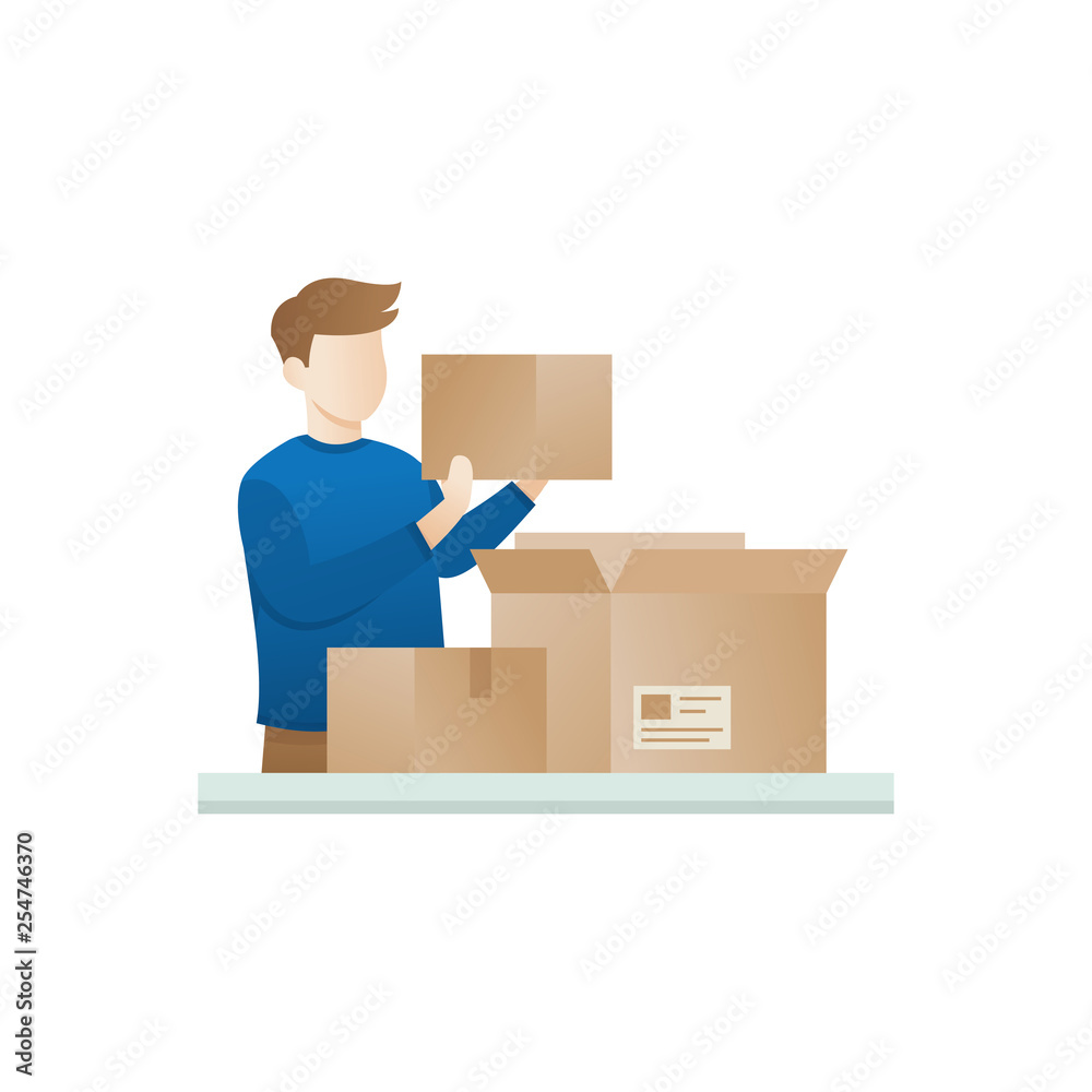 Young man open the package. Concept of unboxing of parcel. Excited men opening big cardbox. Video blogger concept, A man opens a package. Boy open the box in flat style. Characters vector illustration Young man open the package. Concept of unboxing of parcel. Excited men opening big cardbox. Video blogger concept, A man opens a package. Boy open the box in flat style. Characters vector illustration