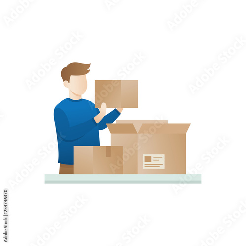 Young man open the package. Concept of unboxing of parcel. Excited men opening big cardbox. Video blogger concept, A man opens a package. Boy open the box in flat style. Characters vector illustration © Fand