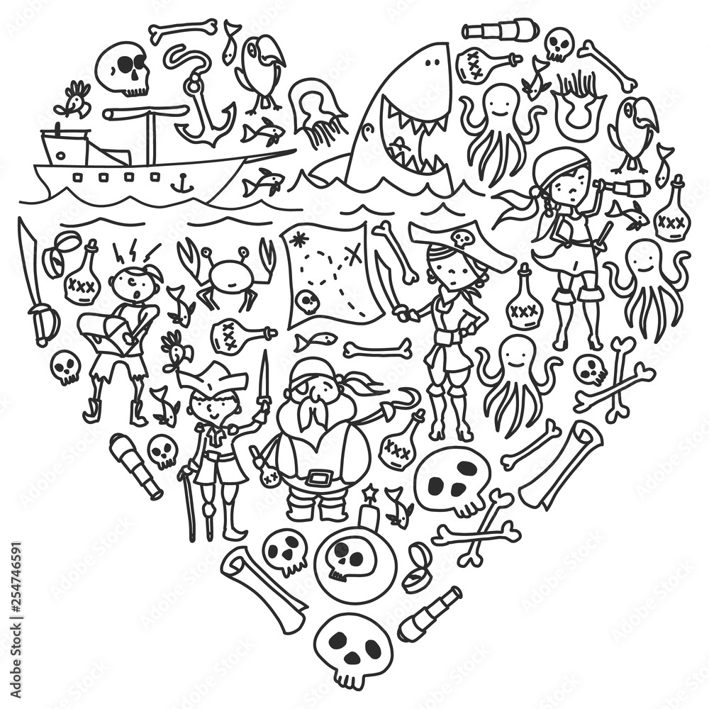 Obraz premium Vector set of pirates children's drawings icons in doodle style. Painted, black monochrome, pictures on a piece of paper on white background.