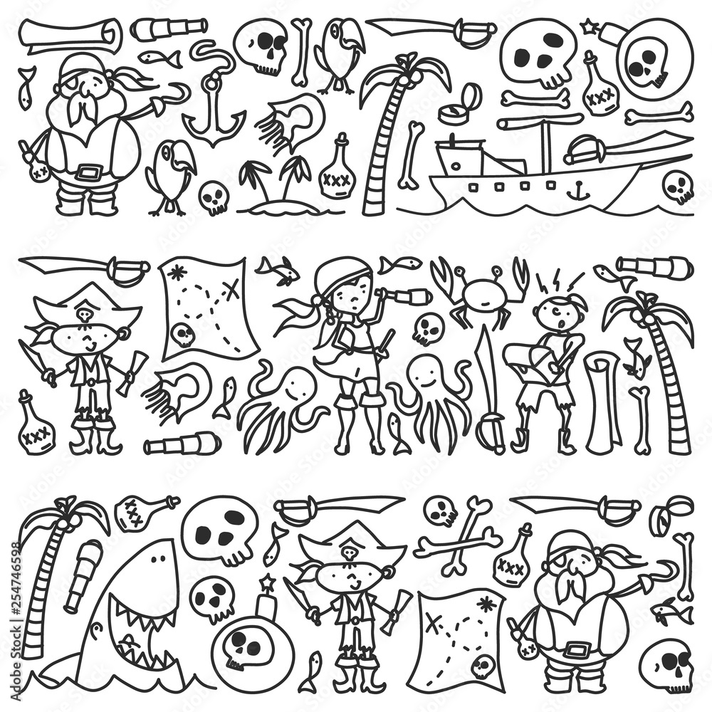 Vector set of pirates children's drawings icons in doodle style. Painted, black monochrome, pictures on a piece of paper on white background.