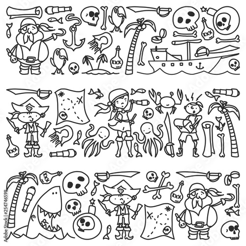 Vector set of pirates children's drawings icons in doodle style. Painted, black monochrome, pictures on a piece of paper on white background. © Roman