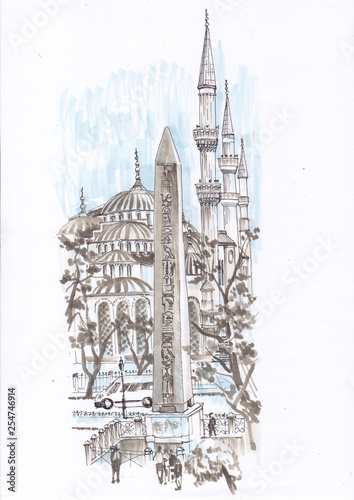 City sketch. Egyptian obelisk near the mosque. photo