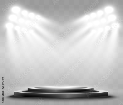 Stadium floodlights brightly illuminate evening or night sports games, concerts, shows, events. Isolated on a transparent background. Arenas of bright spotlights. Bright lights. Illuminated scene