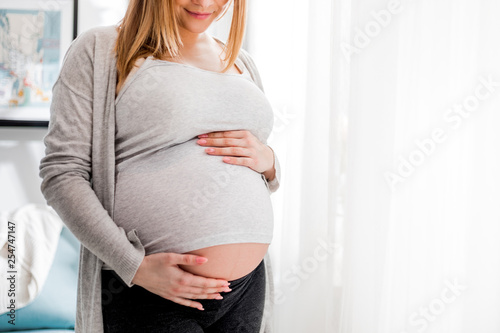 Free Download Pregnant woman touching her belly standing by the window at home - GFXLoad