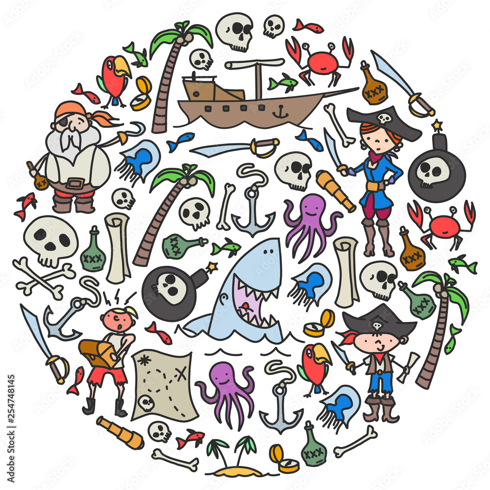 Vector set of pirates children's drawings icons in doodle style. Painted, colorful, pictures on a piece of paper on white background.