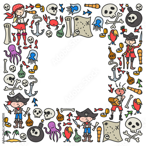 Fototapeta Naklejka Na Ścianę i Meble -  Vector set of pirates children's drawings icons in doodle style. Painted, colorful, pictures on a piece of paper on white background.