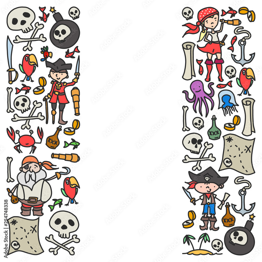 Vector set of pirates children's drawings icons in doodle style. Painted, colorful, pictures on a piece of paper on white background. Vector set of pirates children's drawings icons in doodle style. Painted, colorful, pictures on a piece of paper on white background.