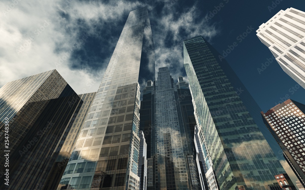 Panorama of beautiful skyscrapers against the sky with clouds. 3d rendering