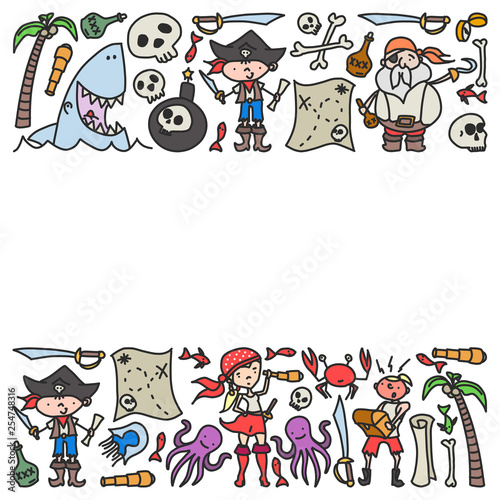 Vector set of pirates children's drawings icons in doodle style. Painted, colorful, pictures on a piece of paper on white background.