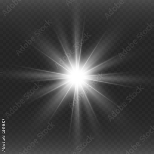 Special lens flash, light effect. The flash flashes rays and searchlight. illust.White glowing light. Beautiful star Light from the rays. The sun is backlit. Bright beautiful star. Sunlight. Glare