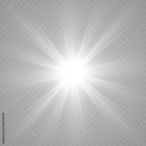 Special lens flash, light effect. The flash flashes rays and searchlight. illust.White glowing light. Beautiful star Light from the rays. The sun is backlit. Bright beautiful star. Sunlight. Glare