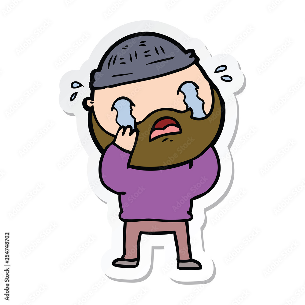 sticker of a cartoon bearded man crying