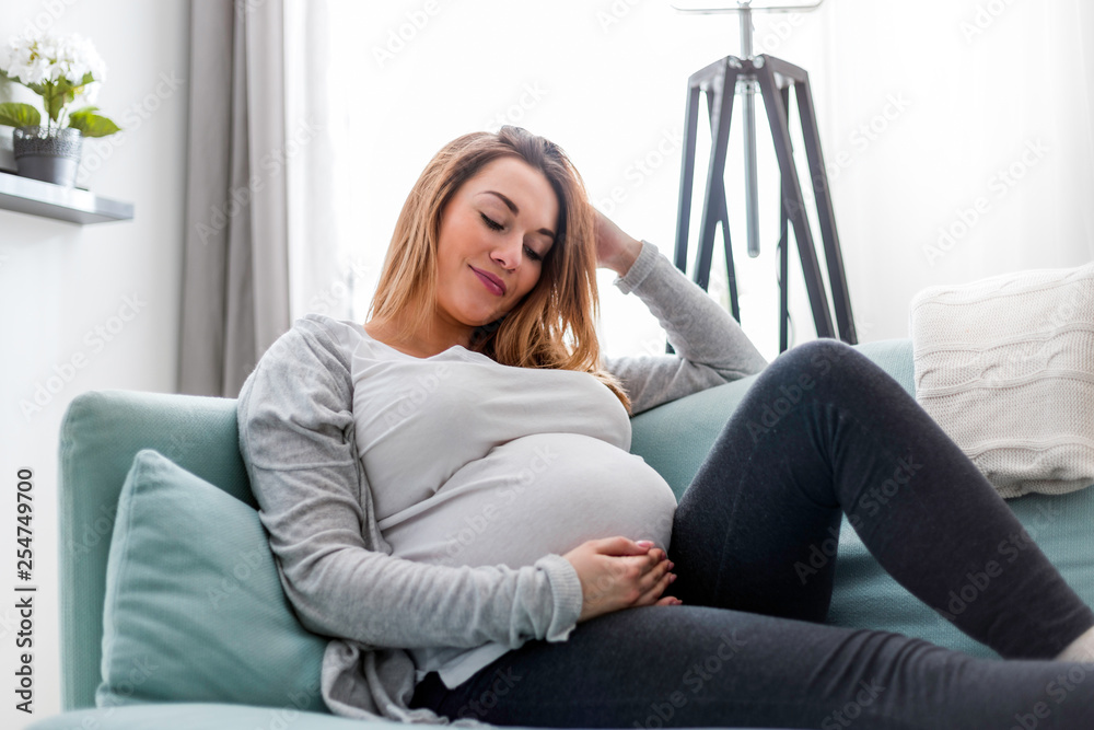 Pregnant woman relaxing at home on the couch Pregnant woman relaxing at home on the couch