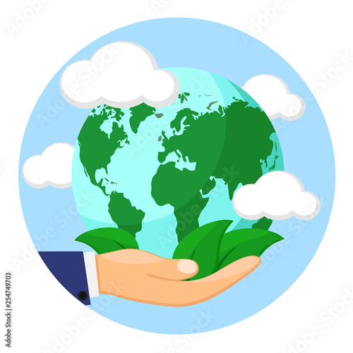 Healthy planet with green leaves in the hand of man. Logo.