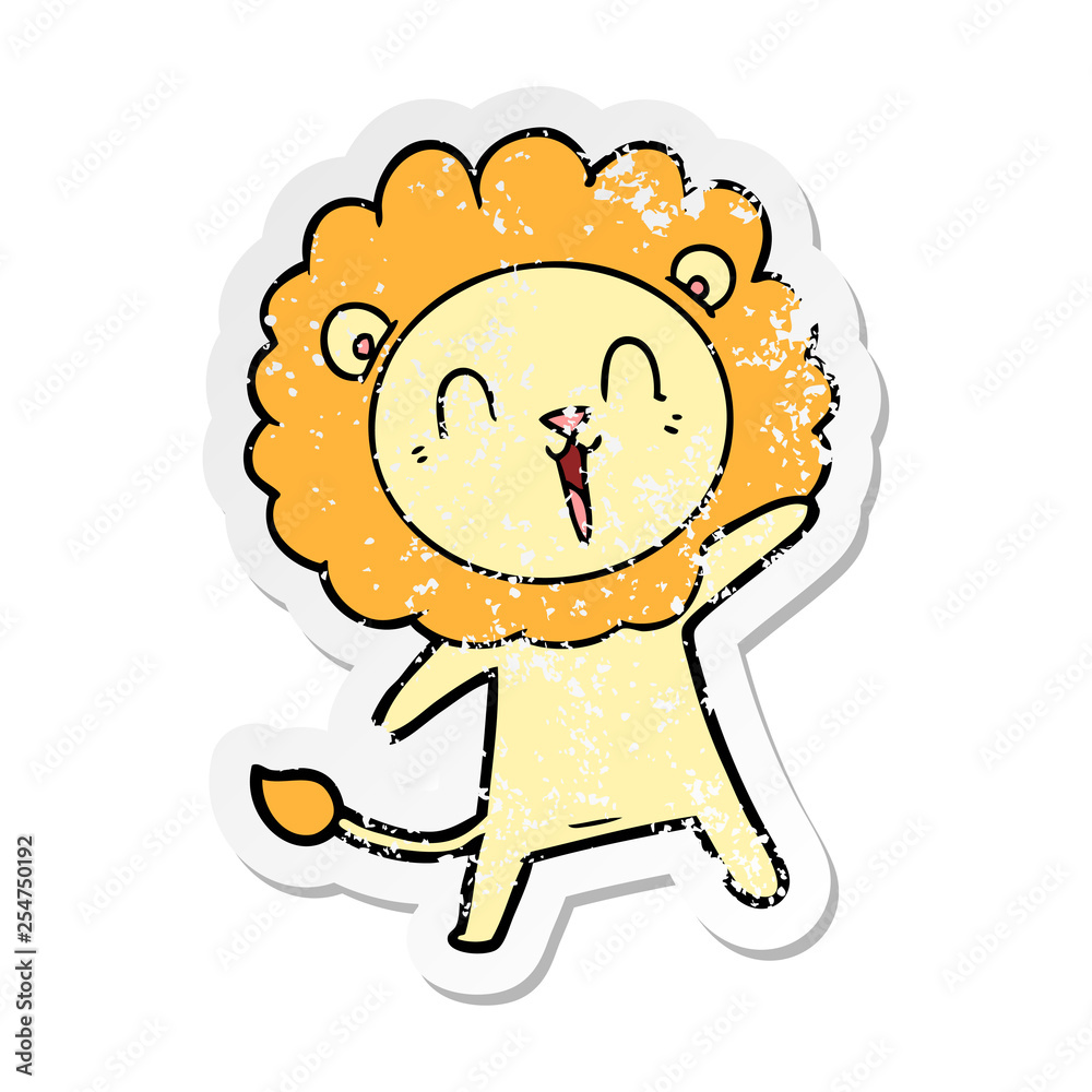 distressed sticker of a laughing lion cartoon distressed sticker of a laughing lion cartoon
