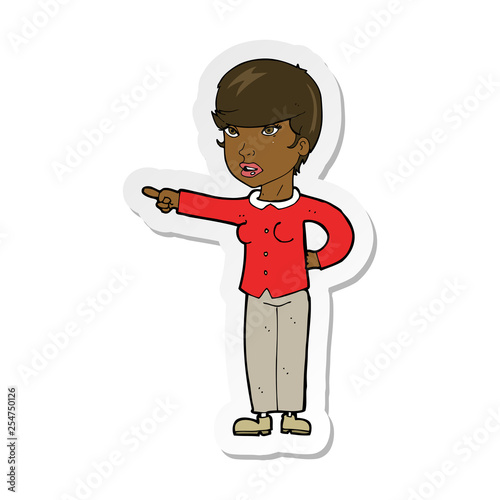 sticker of a cartoon woman pointing finger of blame