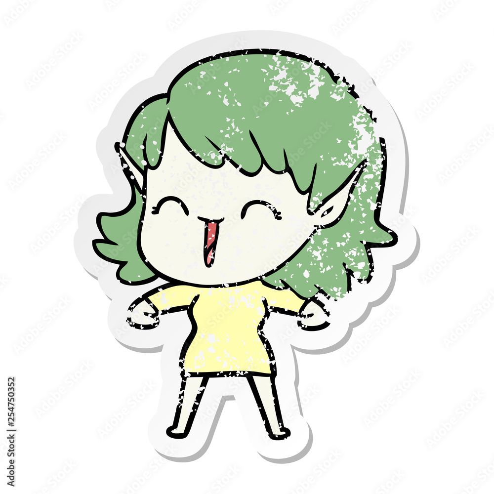 distressed sticker of a cartoon elf girl distressed sticker of a cartoon elf girl